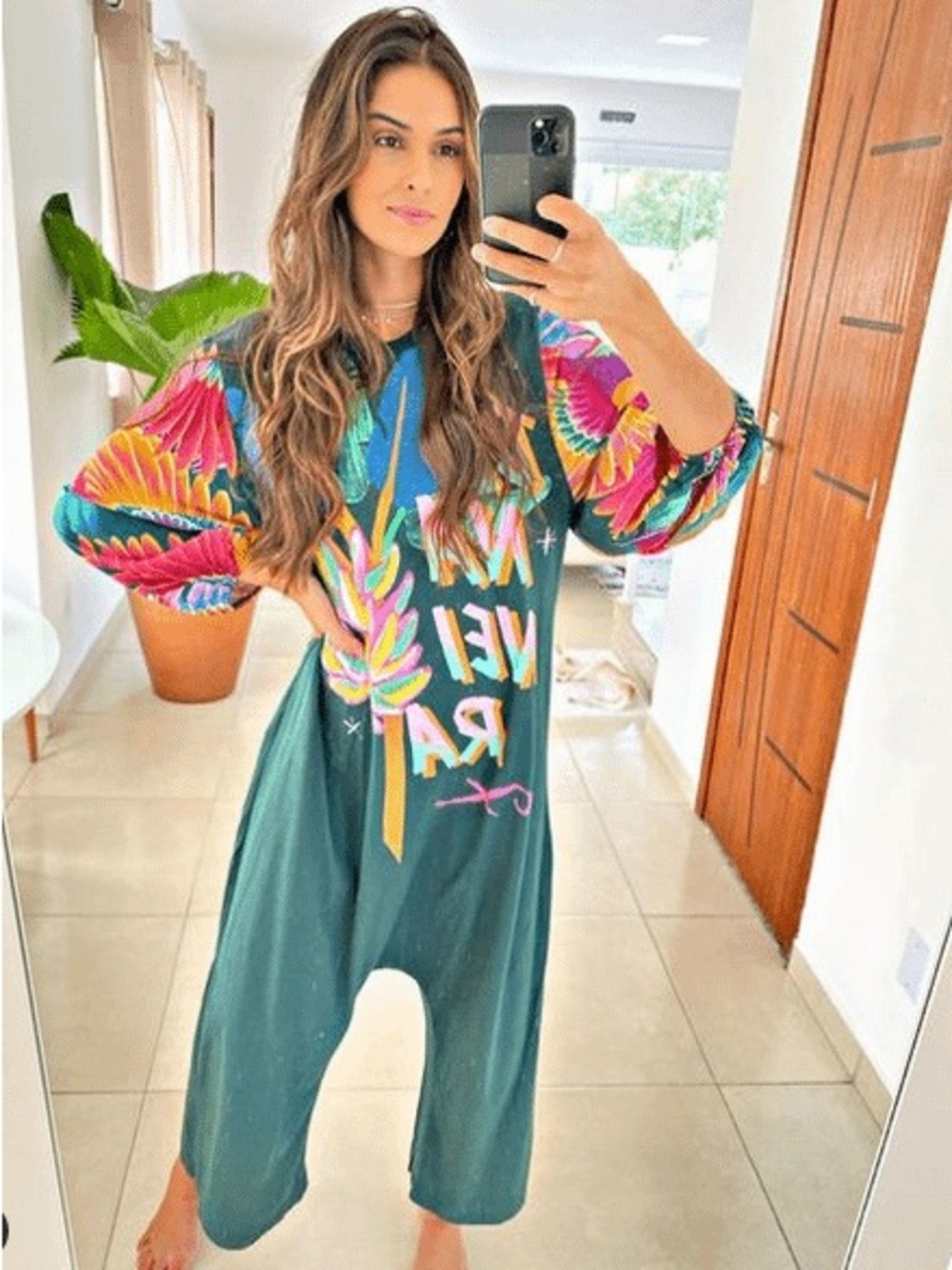 FARM Rio Tropical Graphic Jumpsuit – Teal Green Puff Sleeve Romper